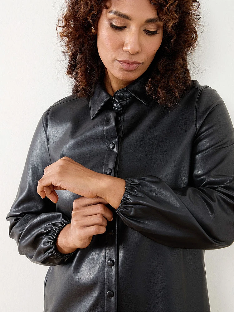 Petite Vegan Leather Shirt Jacket