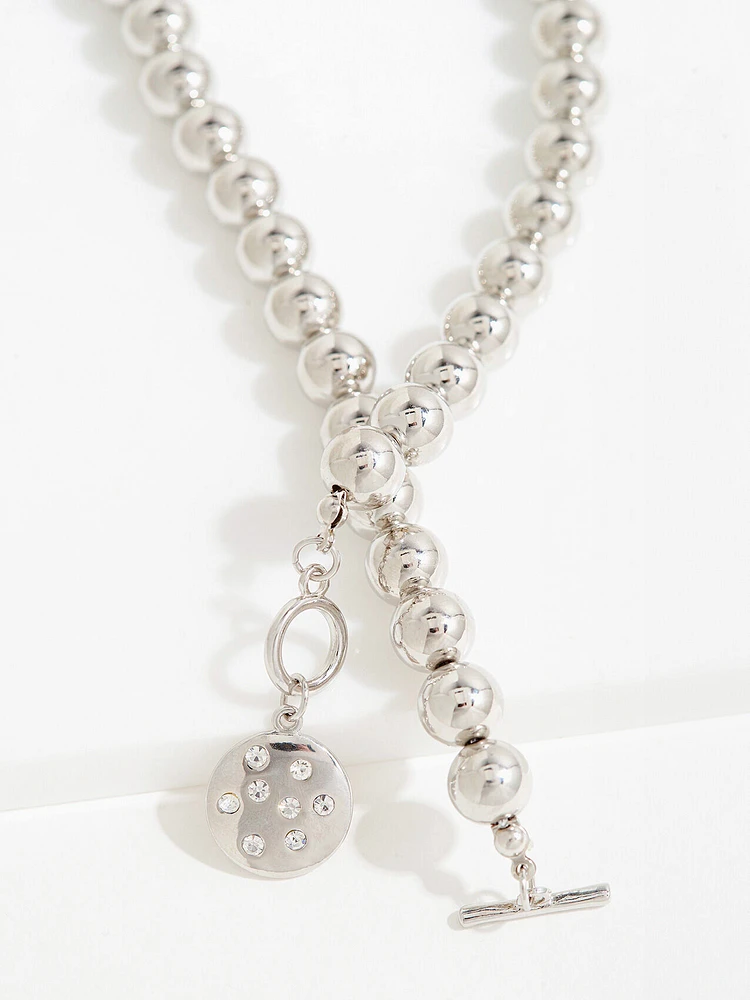 Silver Bead Necklace with Rhinestone Pendant