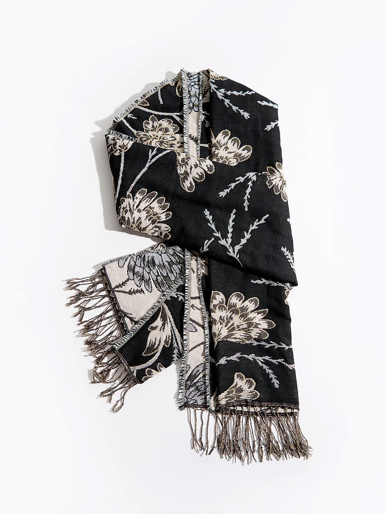 Long Black & Gold Floral Scarf