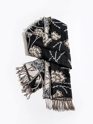 Long Black & Gold Floral Scarf