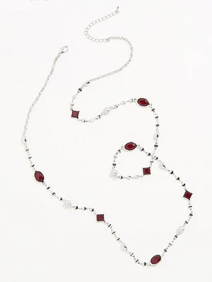 Long Silver Necklace with Cranberry Gems