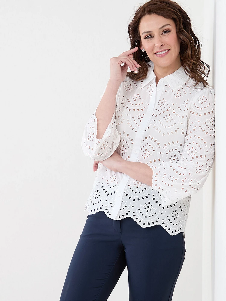 3/4 Bell Sleeve Cotton Eyelet Shirt