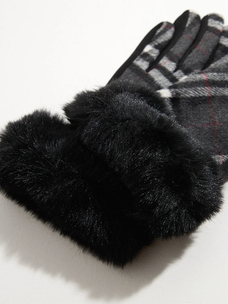 Faux Fur Trim Plaid Gloves