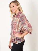 3/4 Sleeve Button Front Chiffon Blouse