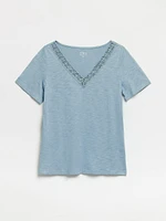 Short Sleeve Crochet V-Neck Shirt