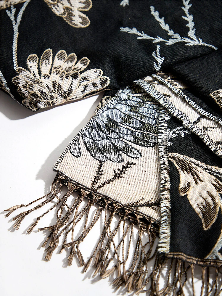 Long Black & Gold Floral Scarf