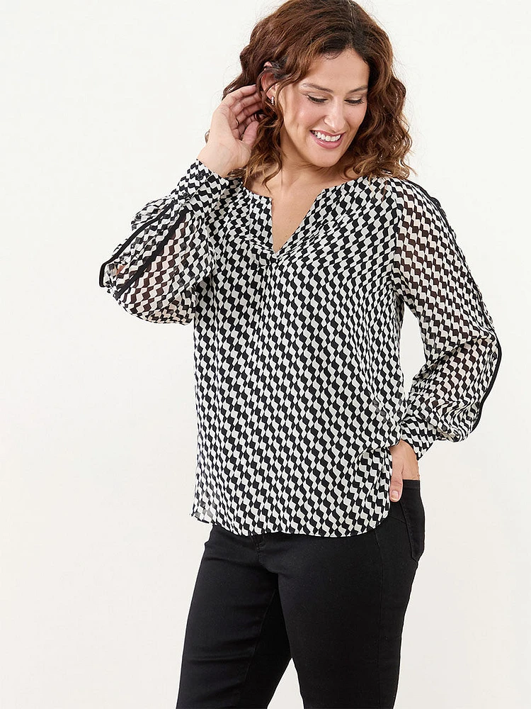 Long Sleeve V-Neck Blouse with Detail