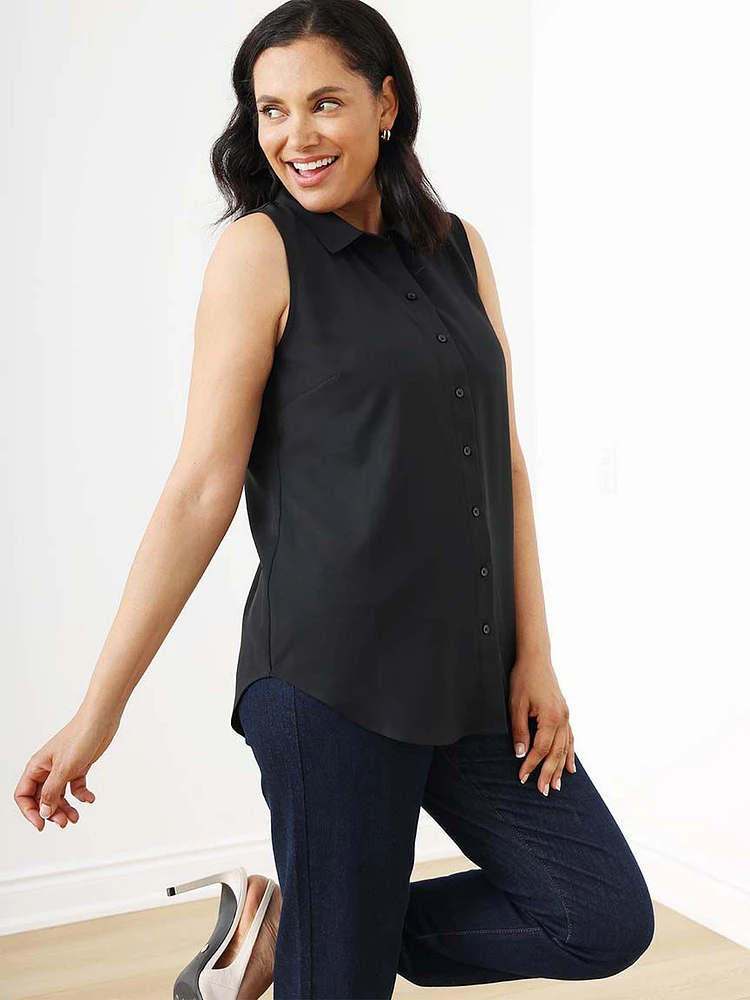 Sleeveless Collared Button Front Blouse Black