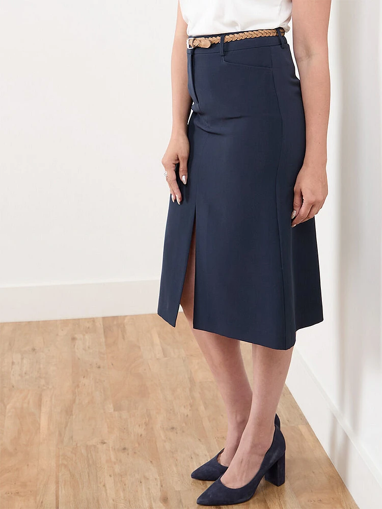 Front Slit Midi Skirt with Belt