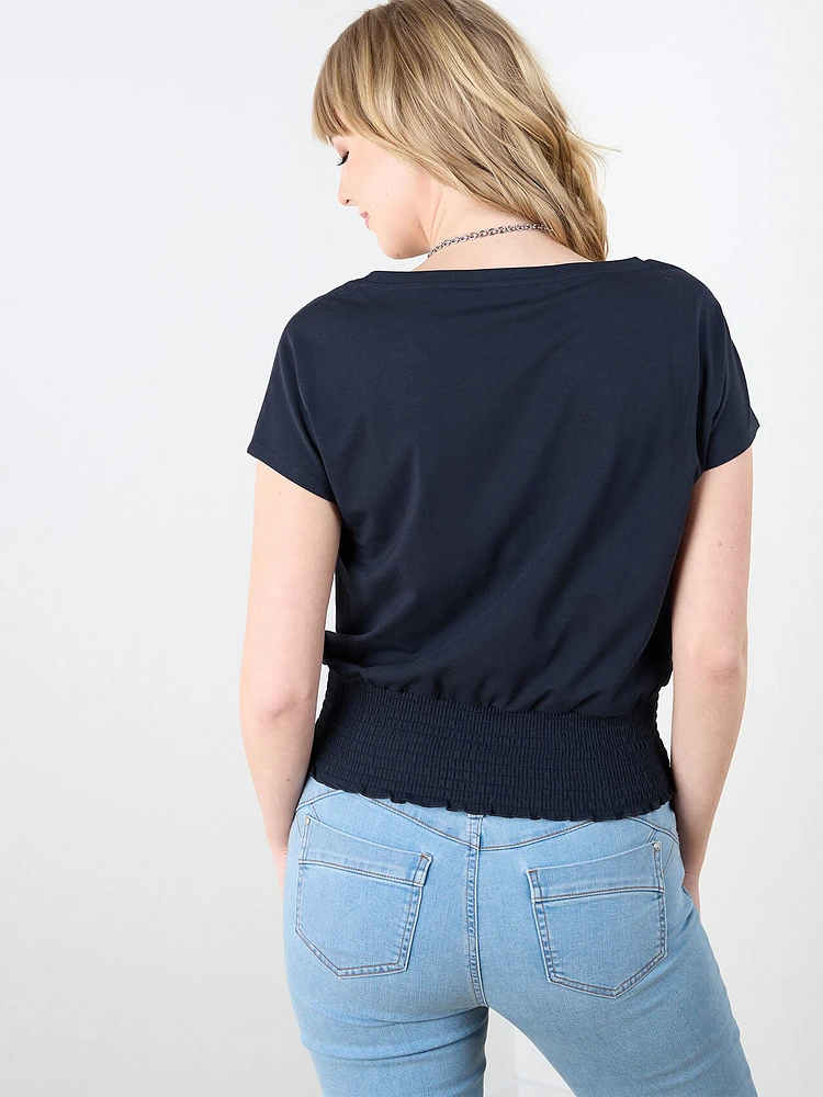 Boat Neck Relaxed Fit Top with Smocked Hem