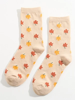 Falling Maple Leaf Print Crew Sock