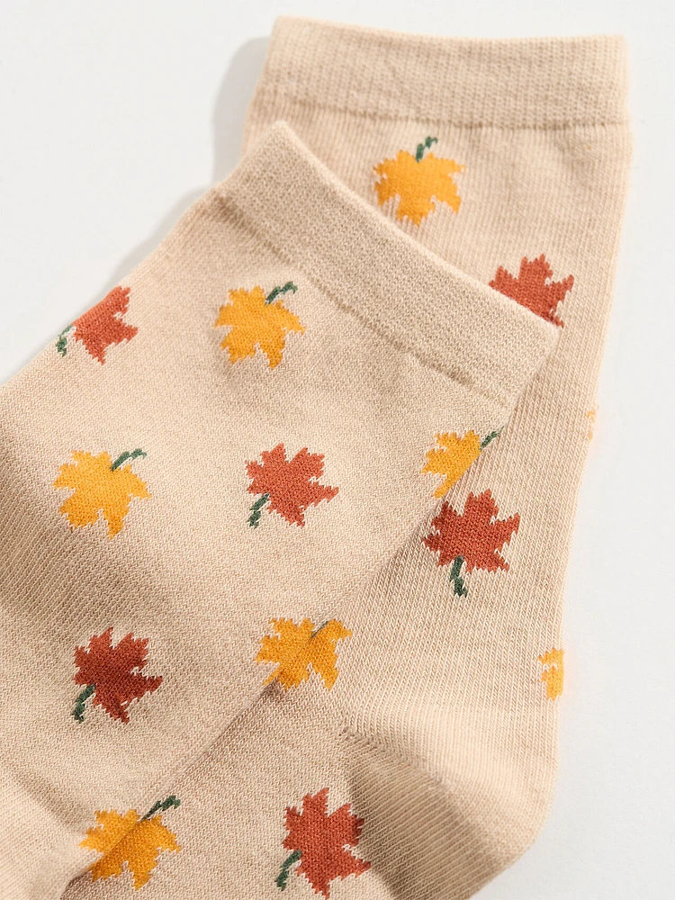 Falling Maple Leaf Print Crew Sock