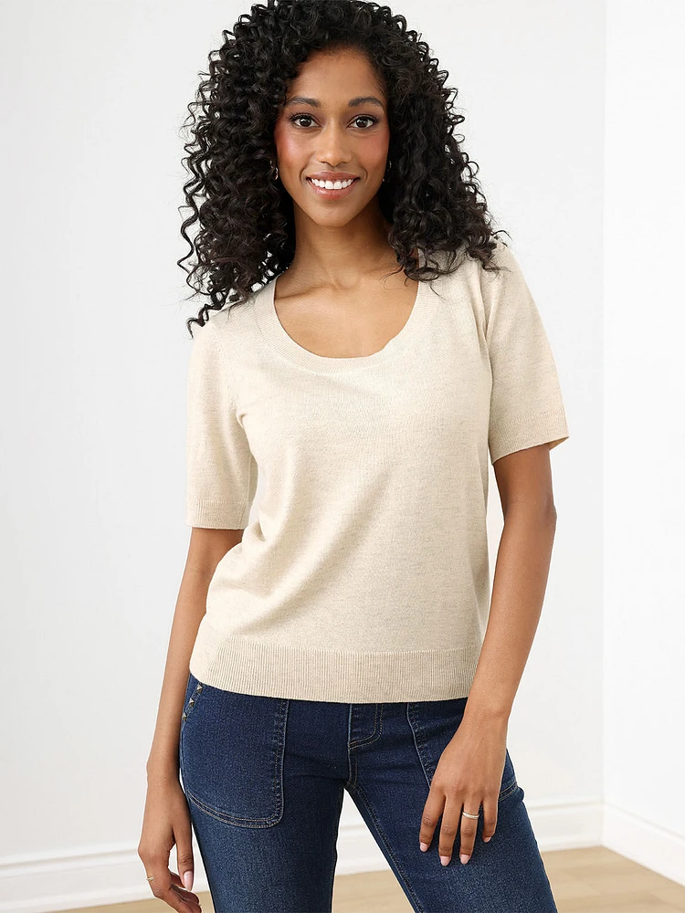 Petite Elbow Sleeve Deep U-Neck Sweater