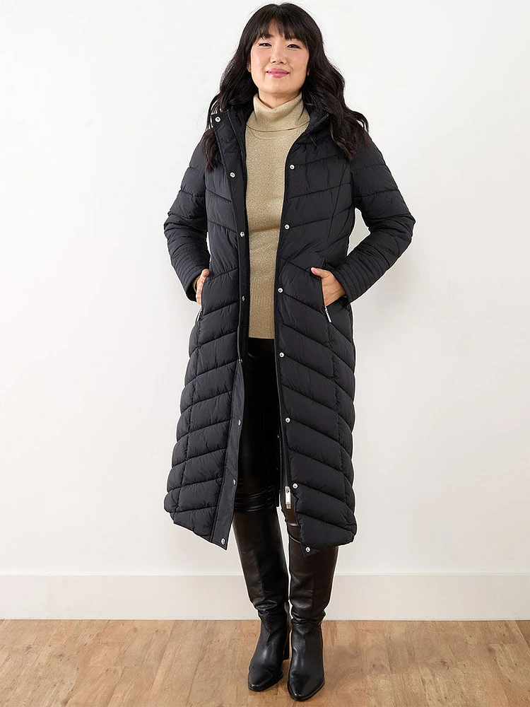 Faux Down Button Coat with Hood