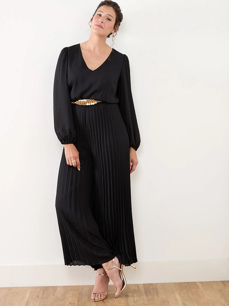 Crepe de Chine Crop-Leg Pleated Jumpsuit