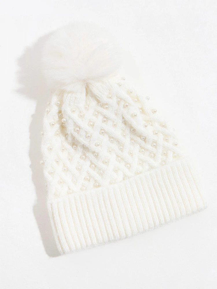 Cable Knit Toque with Pearls