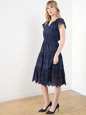 Short Sleeve Cotton Eyelet Midi Dress