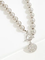 Silver Bead Necklace with Rhinestone Pendant