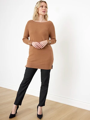 Petite Ottoman Stitch Boatneck-Tunic with Cuff Buttons