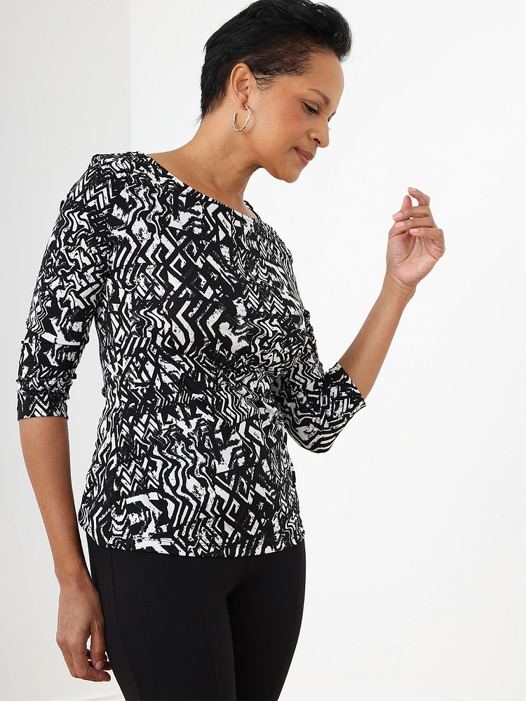 3/4 Sleeve Boat Neck Side-Ruche Top