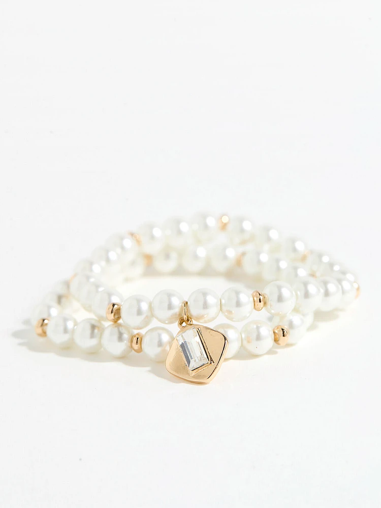 Pearl and Gold Charm Stretch Bracelet