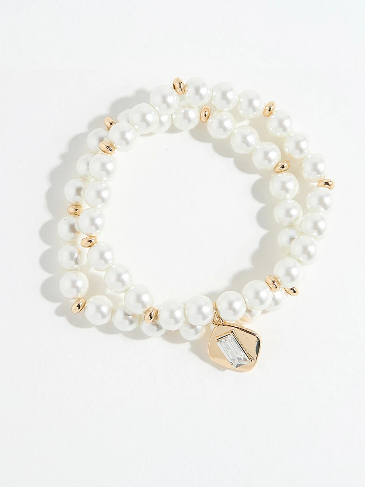 Pearl and Gold Charm Stretch Bracelet