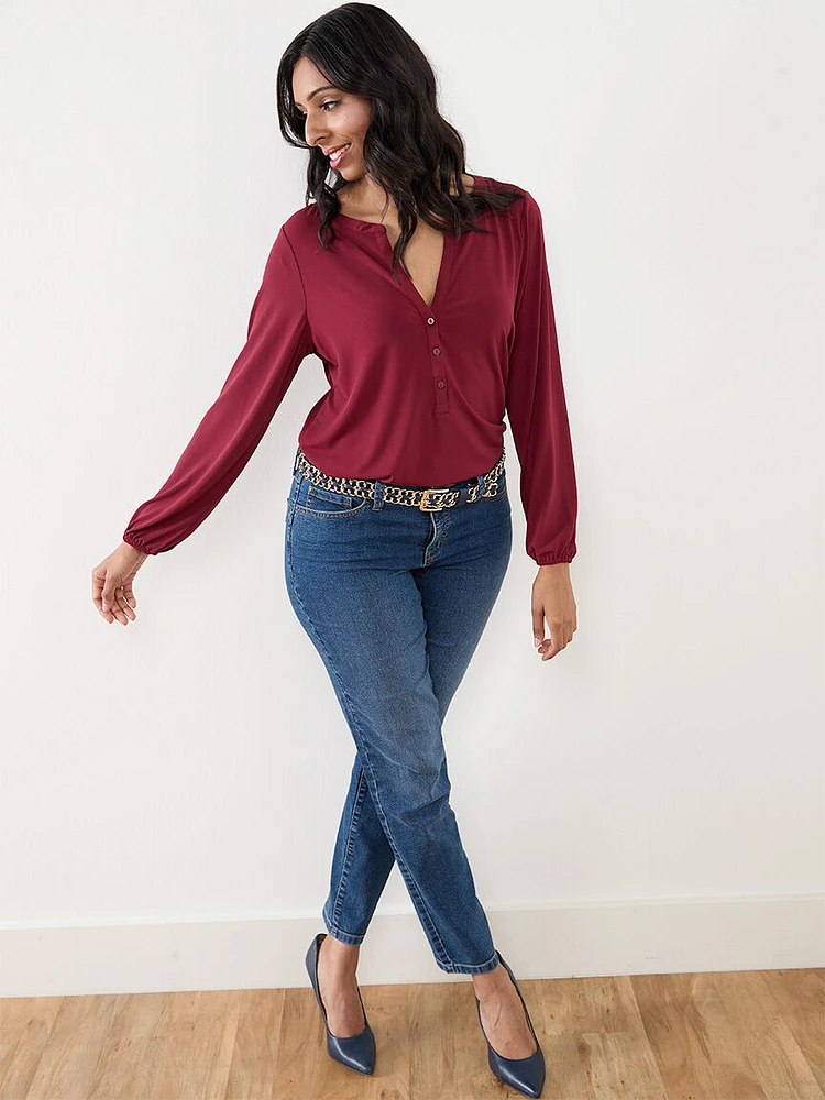 Petite Long Sleeve Relaxed Y-Neck Knit Top