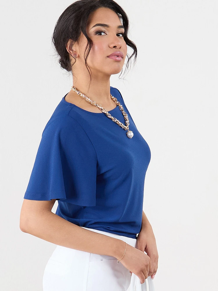 Petite Short Flutter Sleeve Stretch Crepe Top