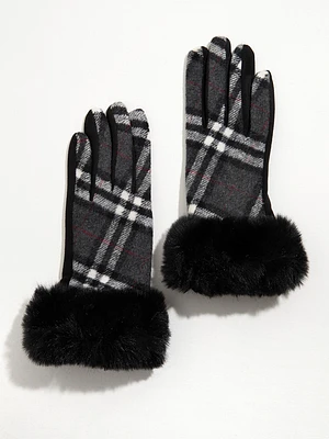 Faux Fur Trim Plaid Gloves