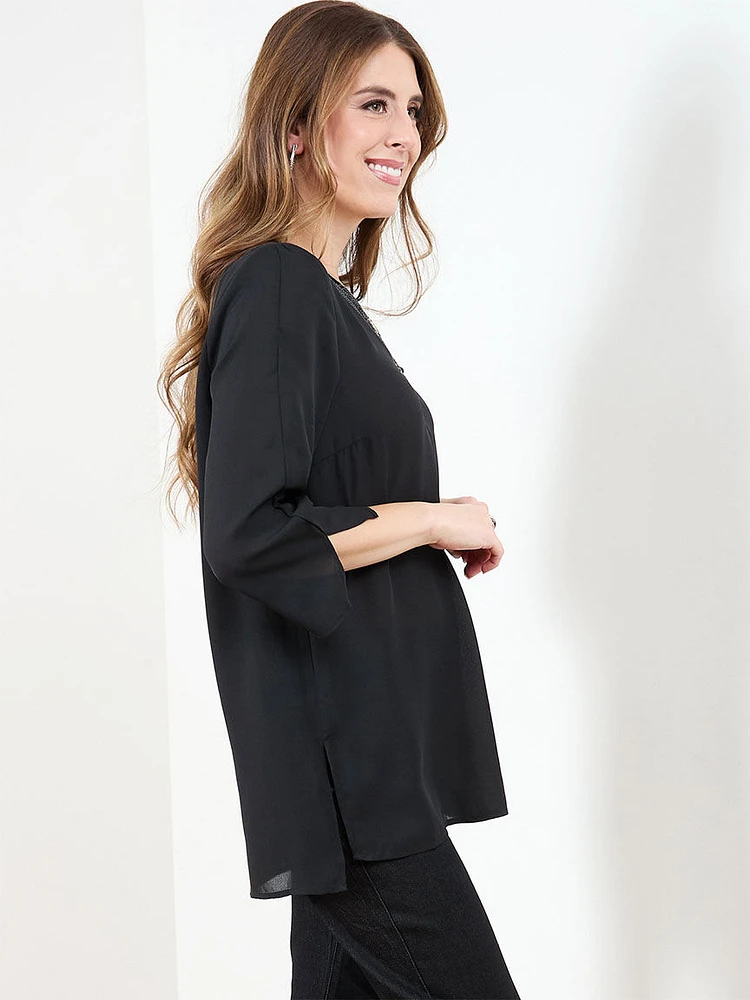 3/4 Sleeve Sequin Trim Tunic Blouse