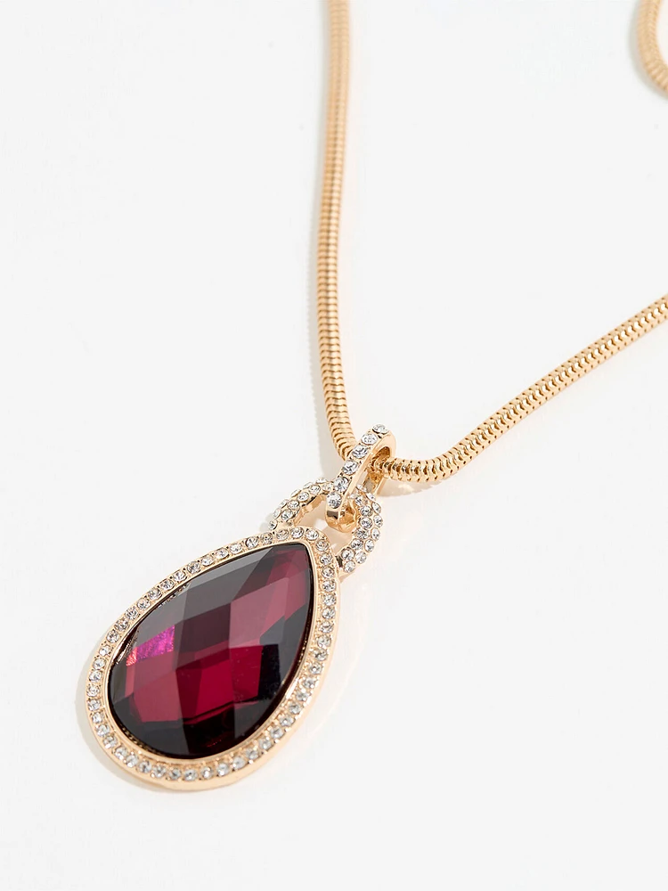 Gold Necklace with Cranberry Teardrop Pendant