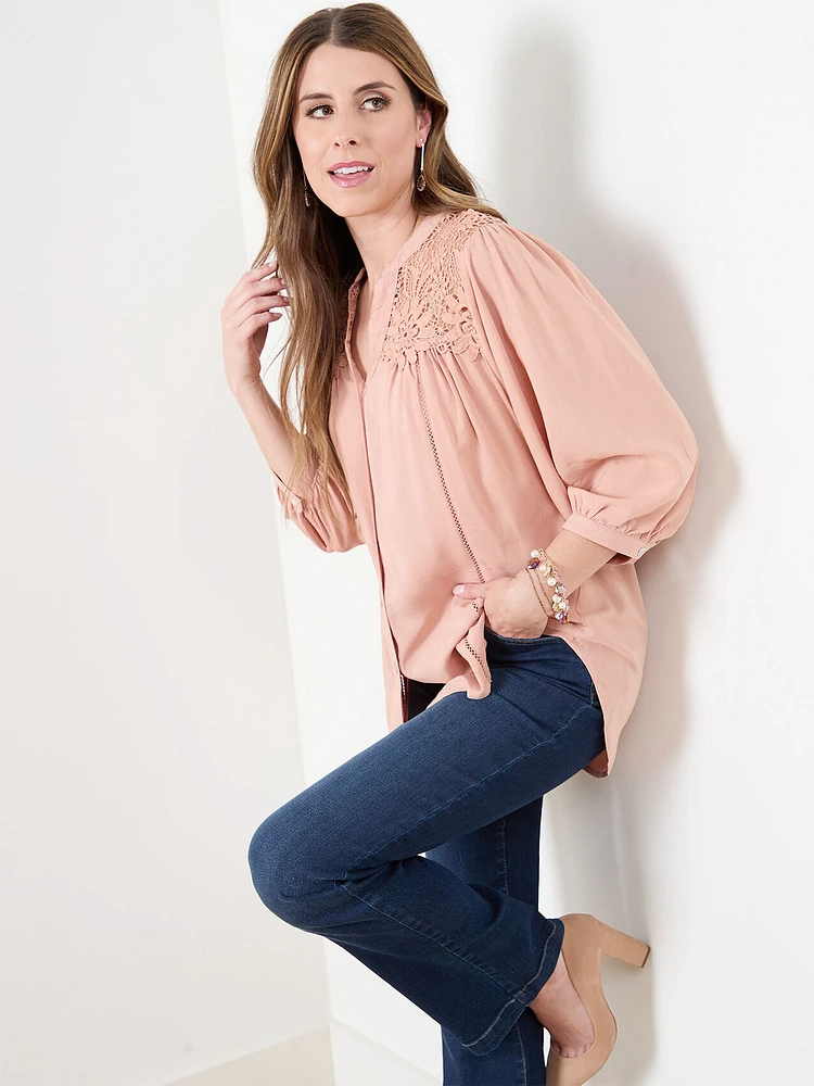 V-Neck Button Front Tunic Blouse