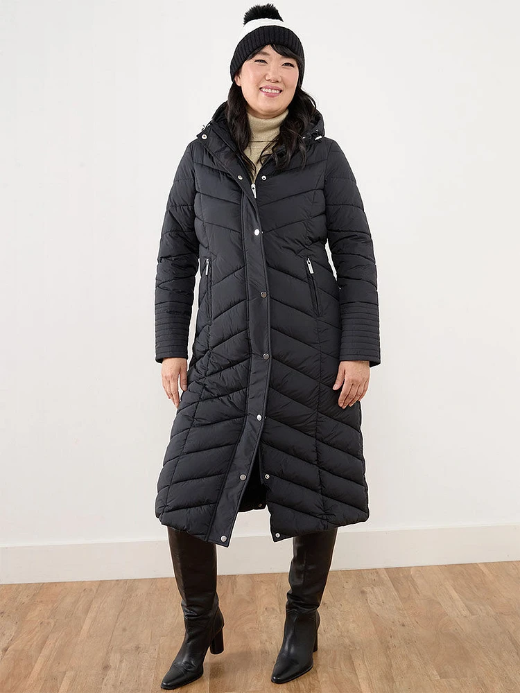 Faux Down Button Coat with Hood