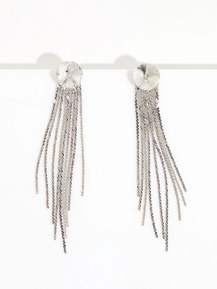 Crystal Stud Silver Tassel Earrings