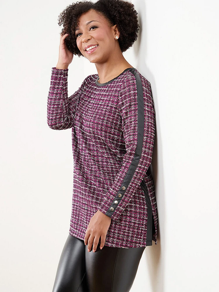 Petite Jacquard Stretch Tunic with Pleather Trim