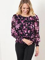 Long Sleeve Smocked-Bottom Chiffon Blouse