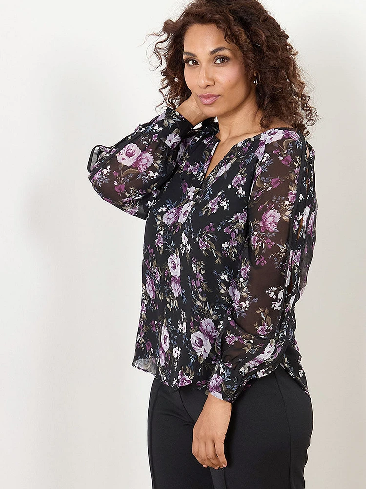 Petite Long Sleeve V-Neck Blouse with Detail