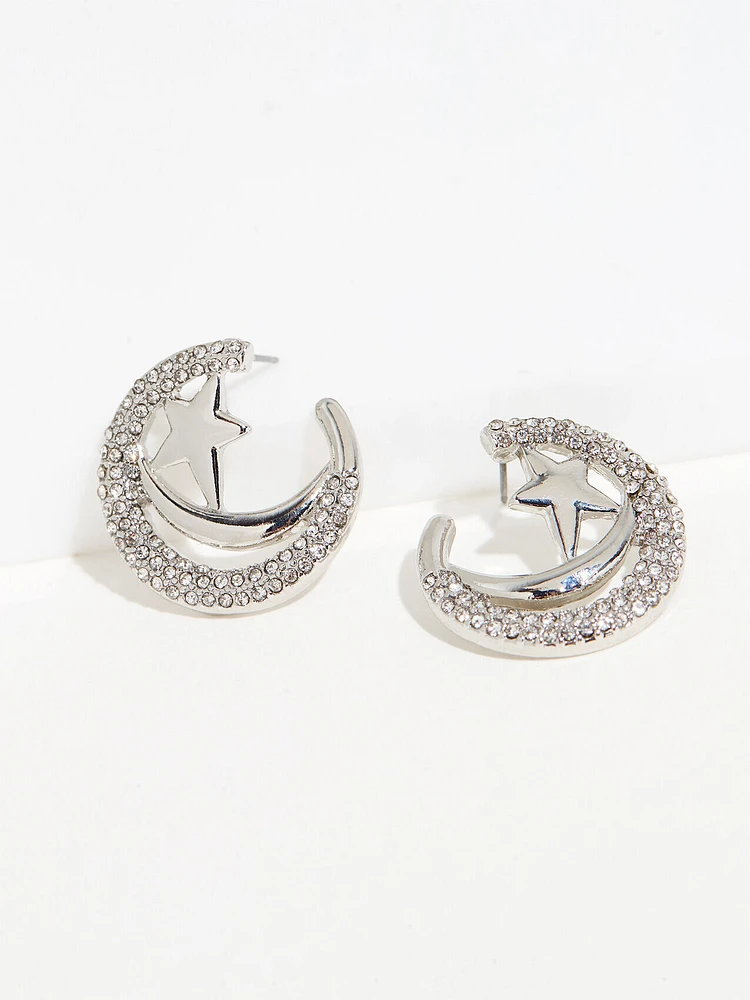 Silver Star and Moon Hoop Earrings