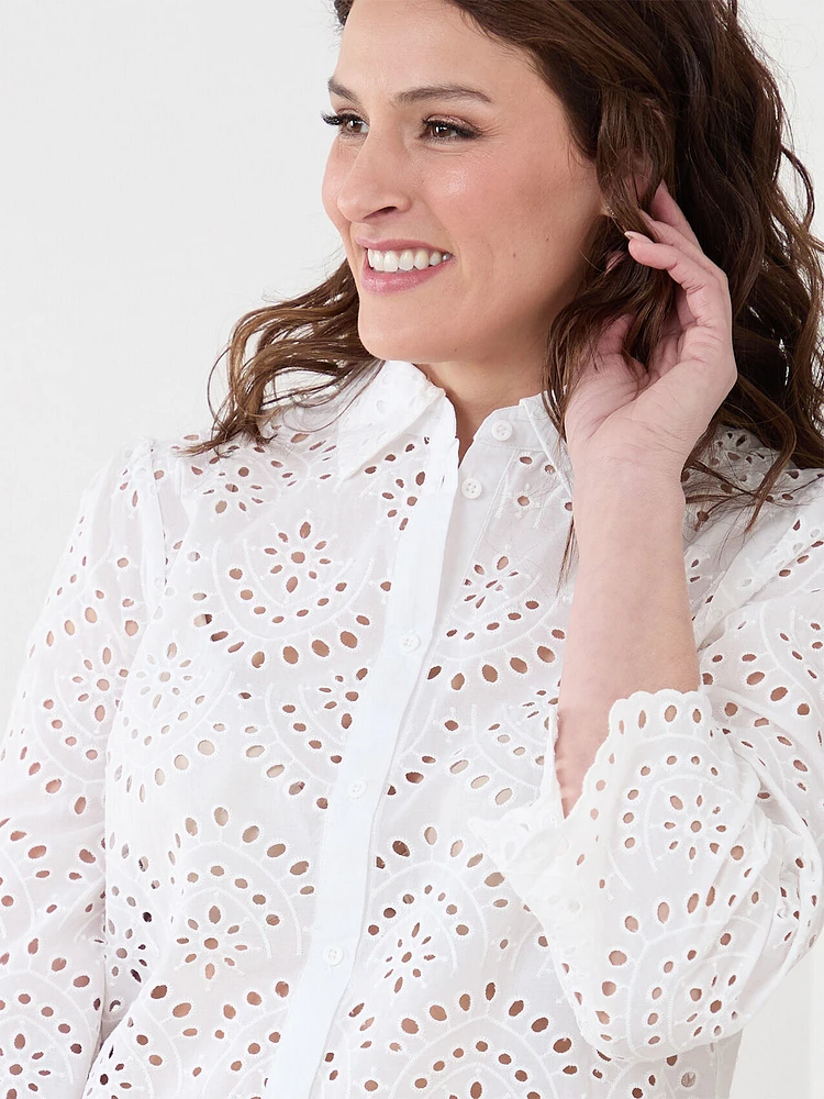 3/4 Bell Sleeve Cotton Eyelet Shirt