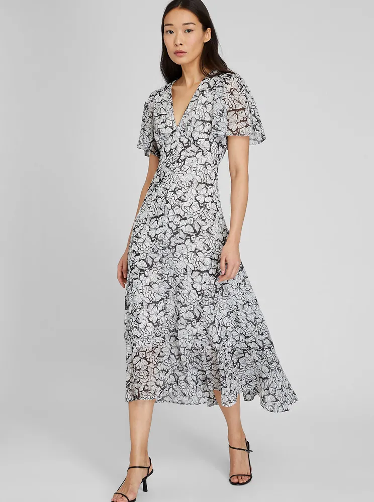 Tiered Flutter Sleeve V-Neck Midi Dress