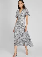 Tiered Flutter Sleeve V-Neck Midi Dress