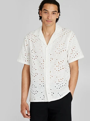 Short Sleeve Camp Collar Eyelet Shirt