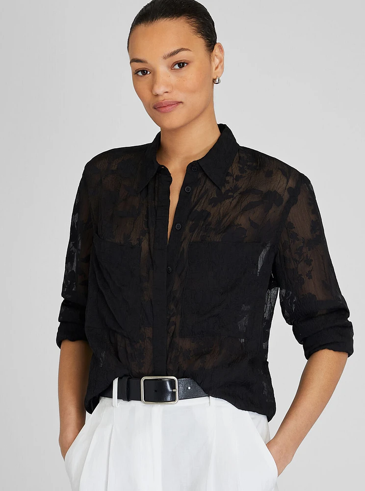 Sheer Floral Button-Down Shirt