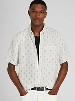 Medallion Print Short Sleeve Slim Linen Shirt