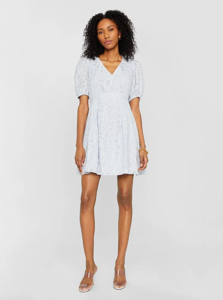 Textured Puff Sleeve V-Neck Dress