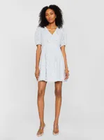 Textured Puff Sleeve V-Neck Dress