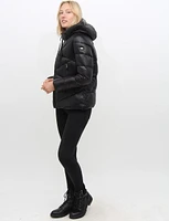 Tia Vegan Quilted Cire Faux Leather Trim Polyloft Puffer Coat by Saki