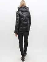 Tia Vegan Quilted Cire Faux Leather Trim Polyloft Puffer Coat by Saki