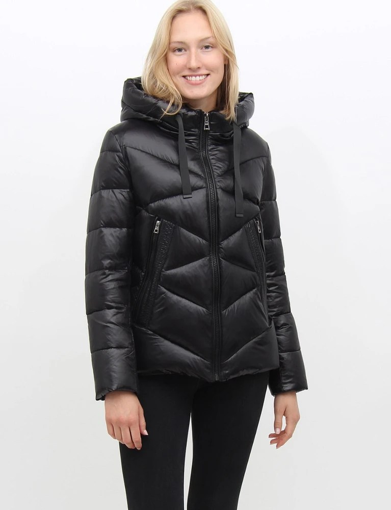 Tia Vegan Quilted Cire Faux Leather Trim Polyloft Puffer Coat by Saki