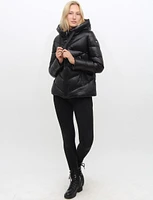 Tia Vegan Quilted Cire Faux Leather Trim Polyloft Puffer Coat by Saki